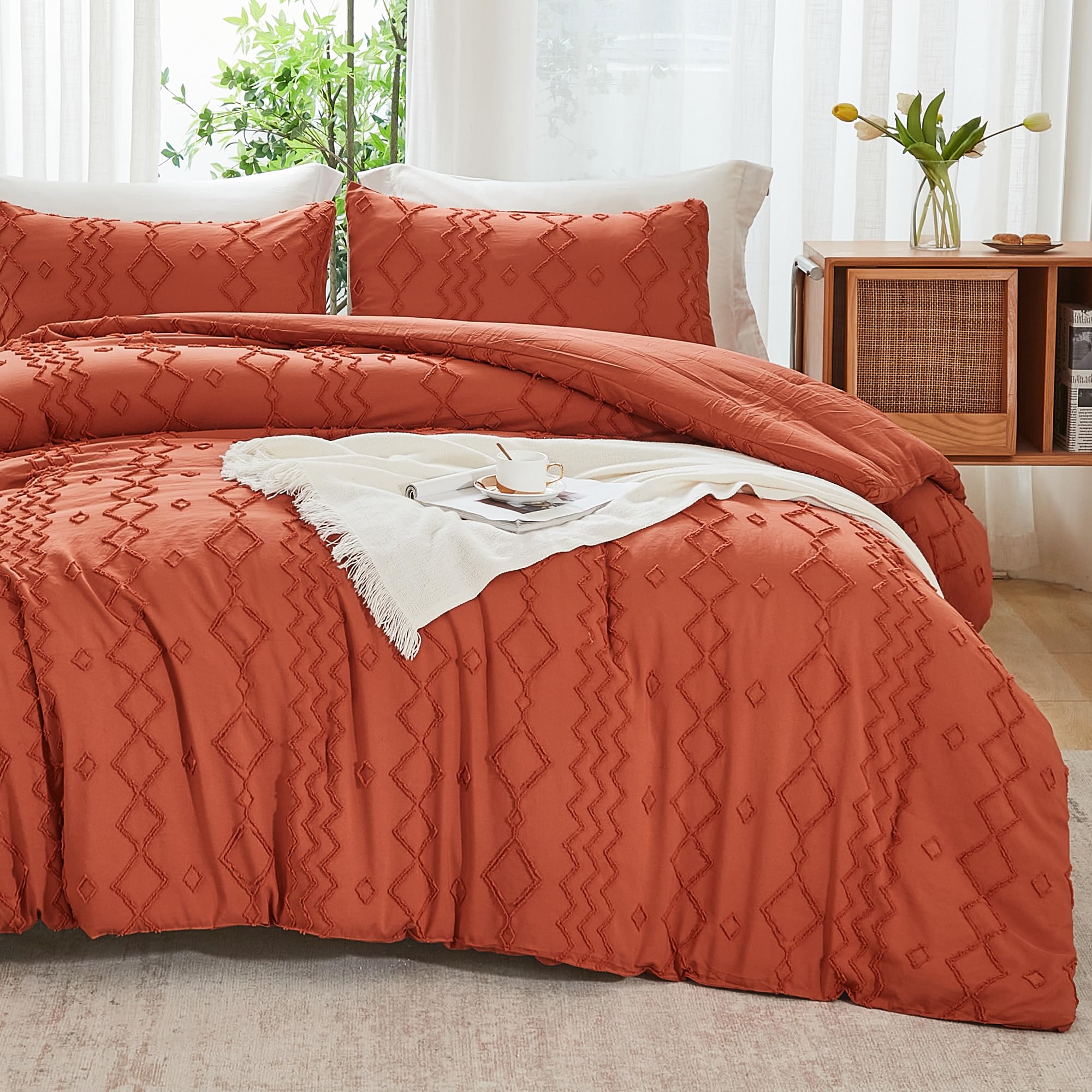 Andency Terracotta Tufted Comforter Set King(104X90Inch), 3 Pieces(1 Boho Comforter, 2 Pillowcases) Textured Farmhouse Comforter, Soft Microfiber Down Alternative Geometric Comforter Bedding Set
