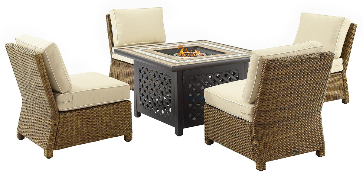 Crosley Furniture Bradenton 5-Piece Wicker Outdoor Chair Patio Furniture Set with Propane Gas Fire Pit Table, Brown with Sand Cushions