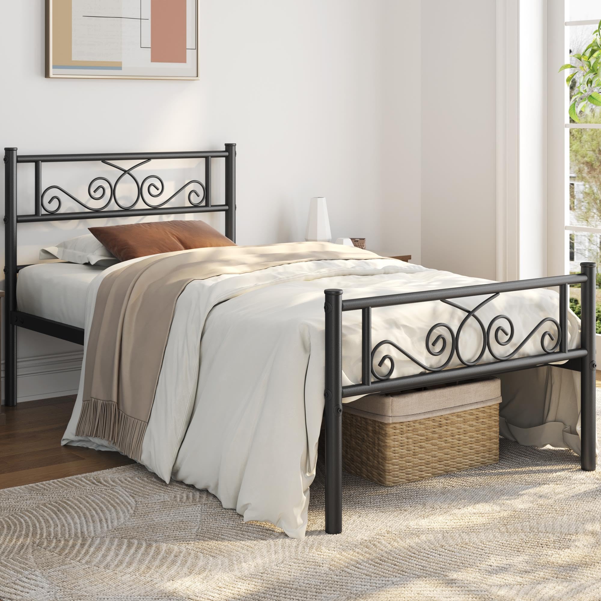 Yaheetech Twin Xl Bed Frames Metal Platform Bed With Headboard And Footboard No Box Spring Needed Easy Assembly,Ground Clearance: 12.6''/Black/Twin Xl Bed