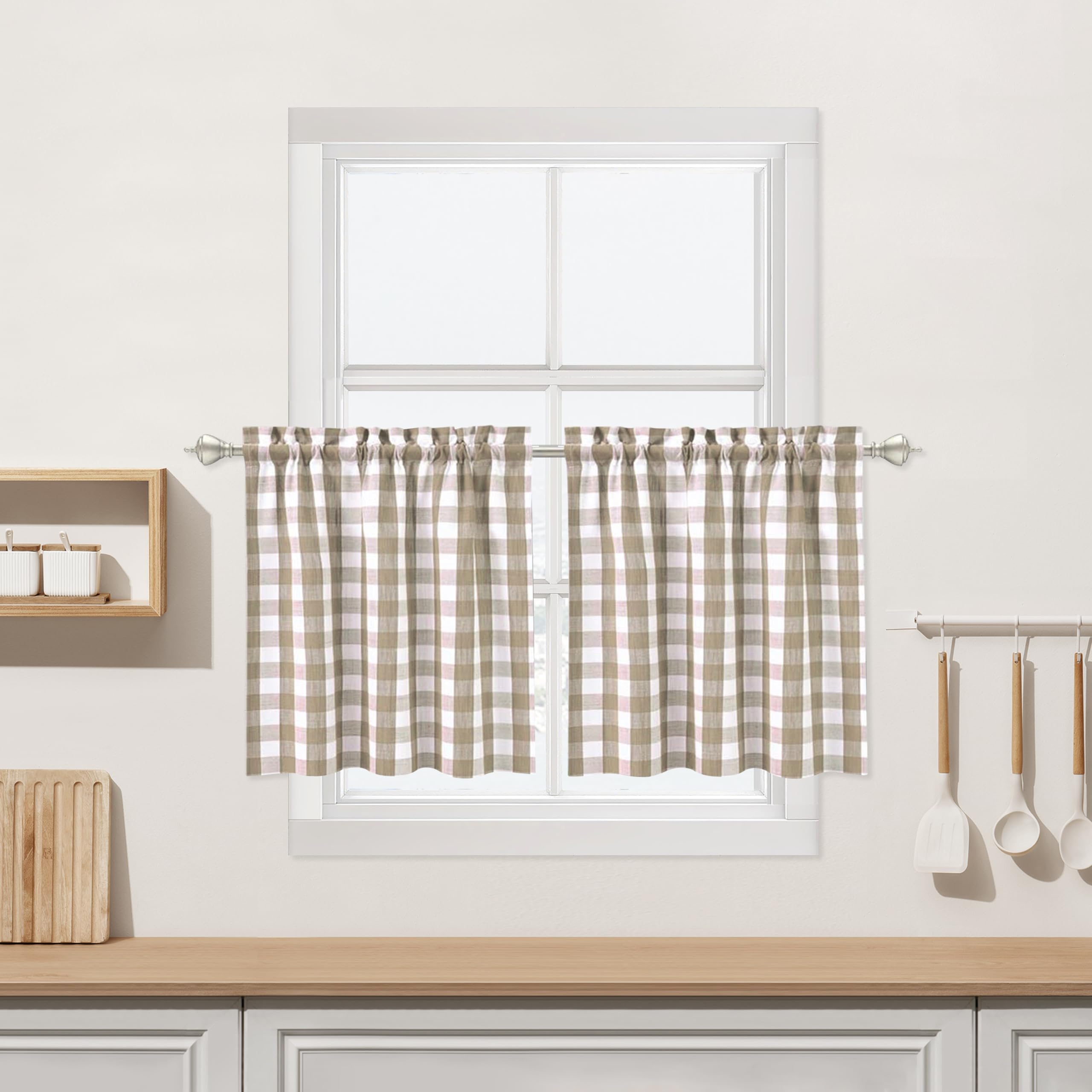 Linen Buffalo Plaid Cafe Curtains Farmhouse Tiers Kitchen Curtains 24 Inches Long, Flax Rustic Gingham Check Small Window Short 