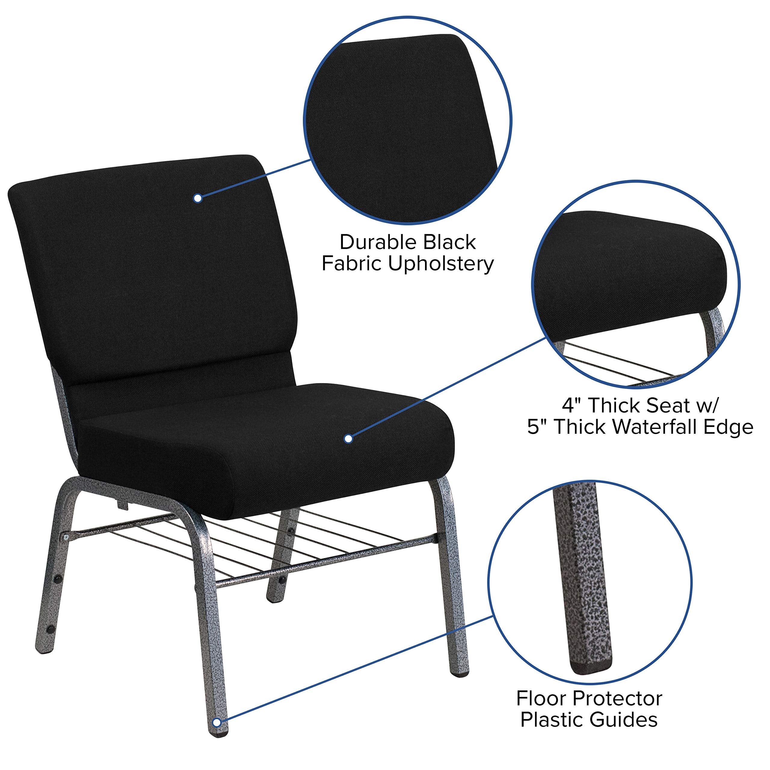 Flash Furniture Hercules Series 21''W Church Chair In Black Fabric With Book Rack - Silver Vein Frame