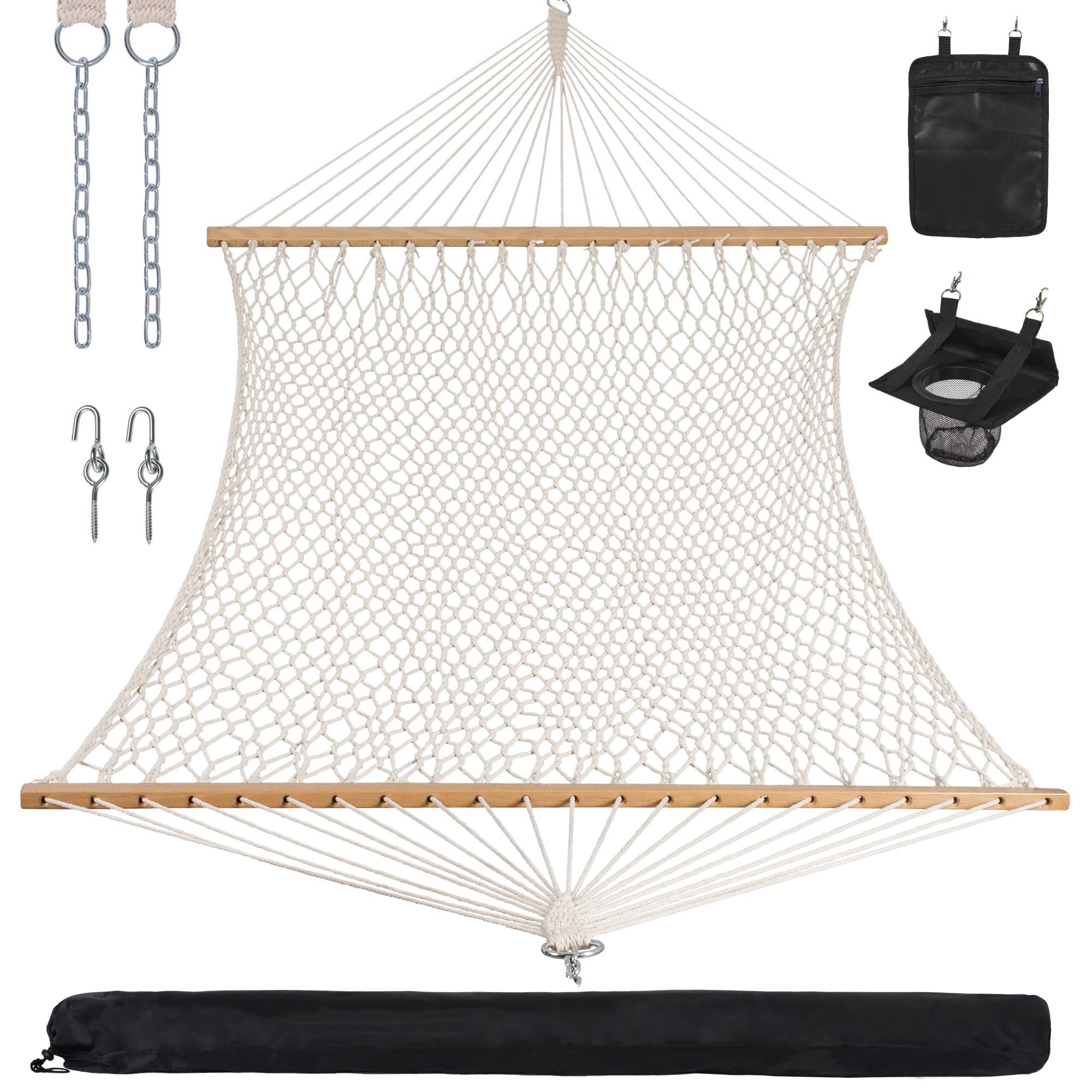 Anow Rope Hammock Double Hammock With Hardwood Spreader Bar And Carrying Bag, 450 Lbs Weight Capacity For Two Person, Natural