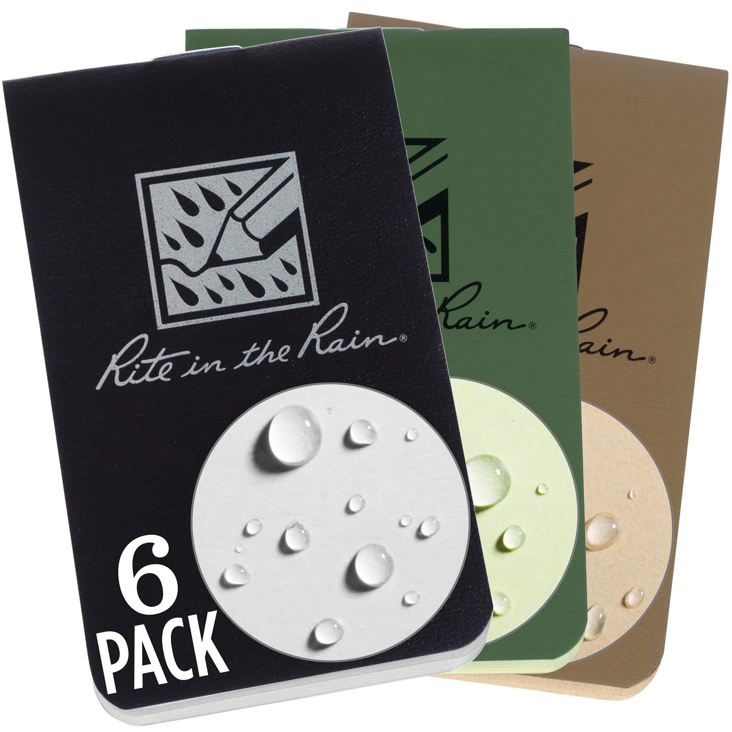 Rite In The Rain Weatherproof On The Go Wallet Notebook, 2' X 3.375', 2 Each Tan, Green, Black Cover, Blank Pages, 6 Pack (No.