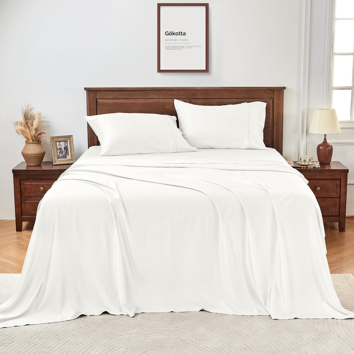 Gokotta King Size Luxury Bed Sheets 4 Piece Set, 100% Rayon Derived From Bamboo, Softer And Cooling Than Cotton, 24' Extra Deep