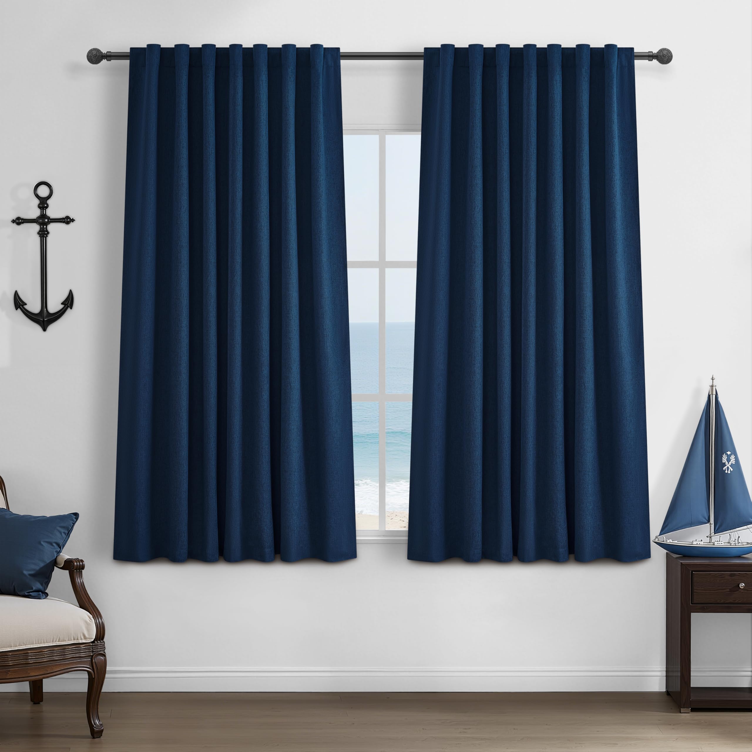Navy Blue 100% Blackout Curtains 45 Inches Long 2 Panels Set, Kids/Boys Rooms Short Linen Drapes for 46 Inch Small Window Kitche