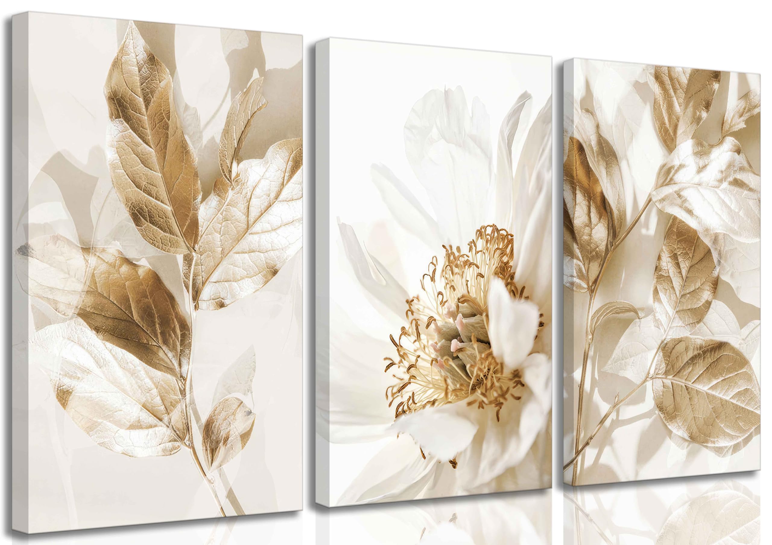 3 Pcs Modern White Floral Golden Leaves Canvas Wall Art Neutral Boho Beige Botanical Painting Pictures Nordic Wall Decor Posters