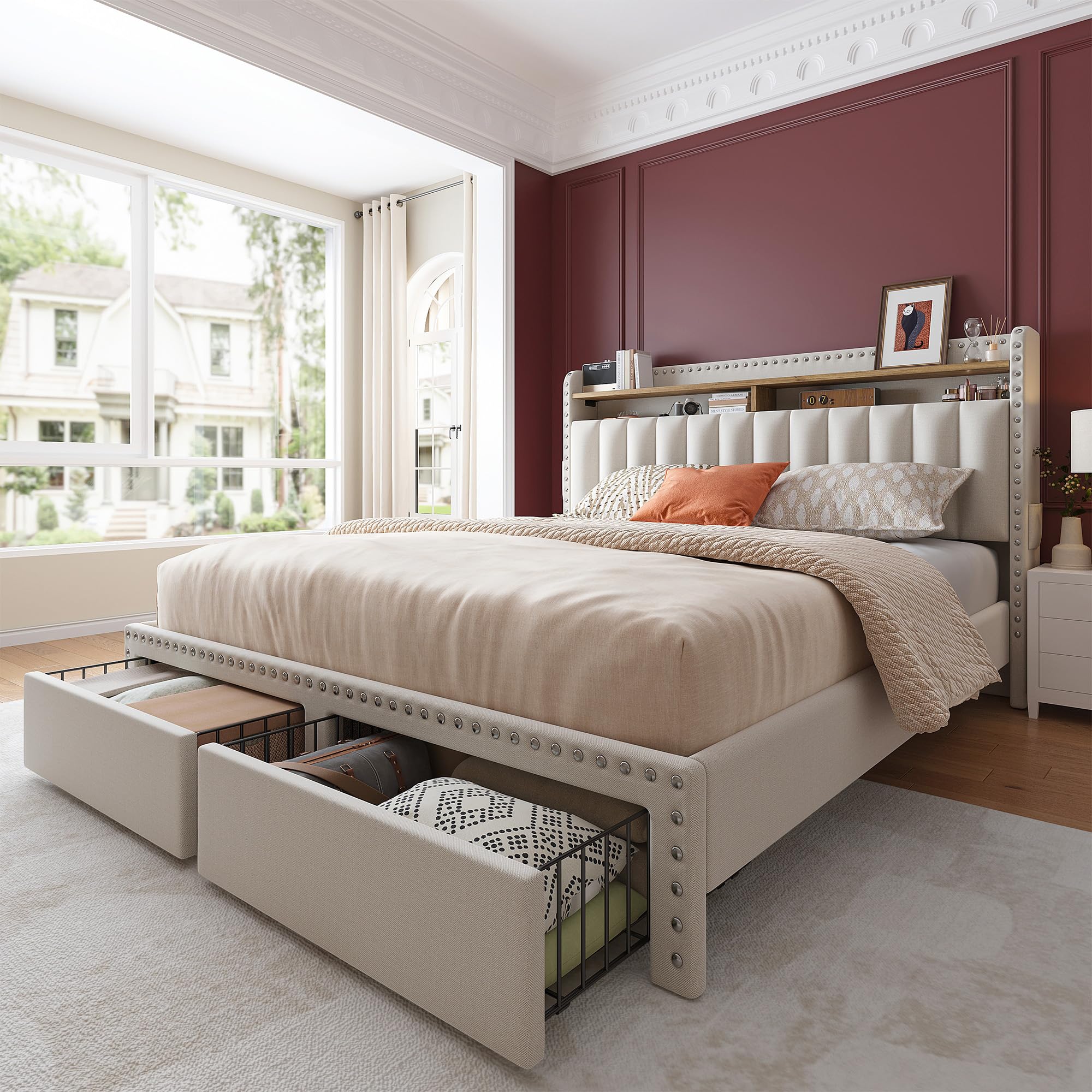 Enhomee Full Size Bed Frame With Headboard And Storage, Upholstered Full Bed Frame With Storage, Sturdy Full Bed Frame With 2 Drawer, Full Size Bed Frame With Storage, No Noise,No Box Spring Needed