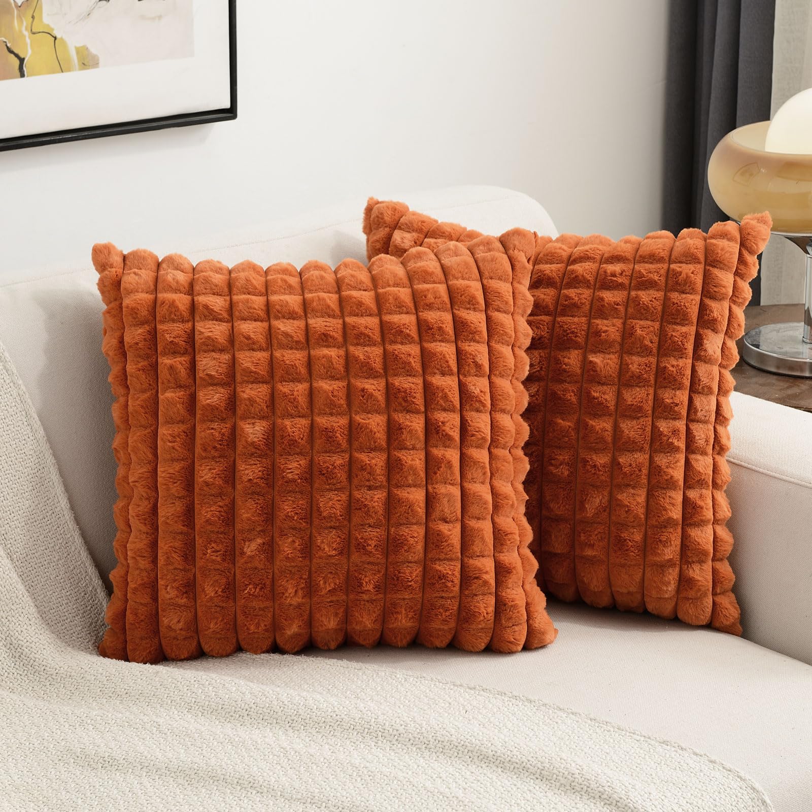 Futei Burnt Orange Decorative Throw Pillow Covers 24X24 Inch Set Of 2,Square Euro Cushion Case,Soft Fluffy Faux Rabbit Fur Plaid