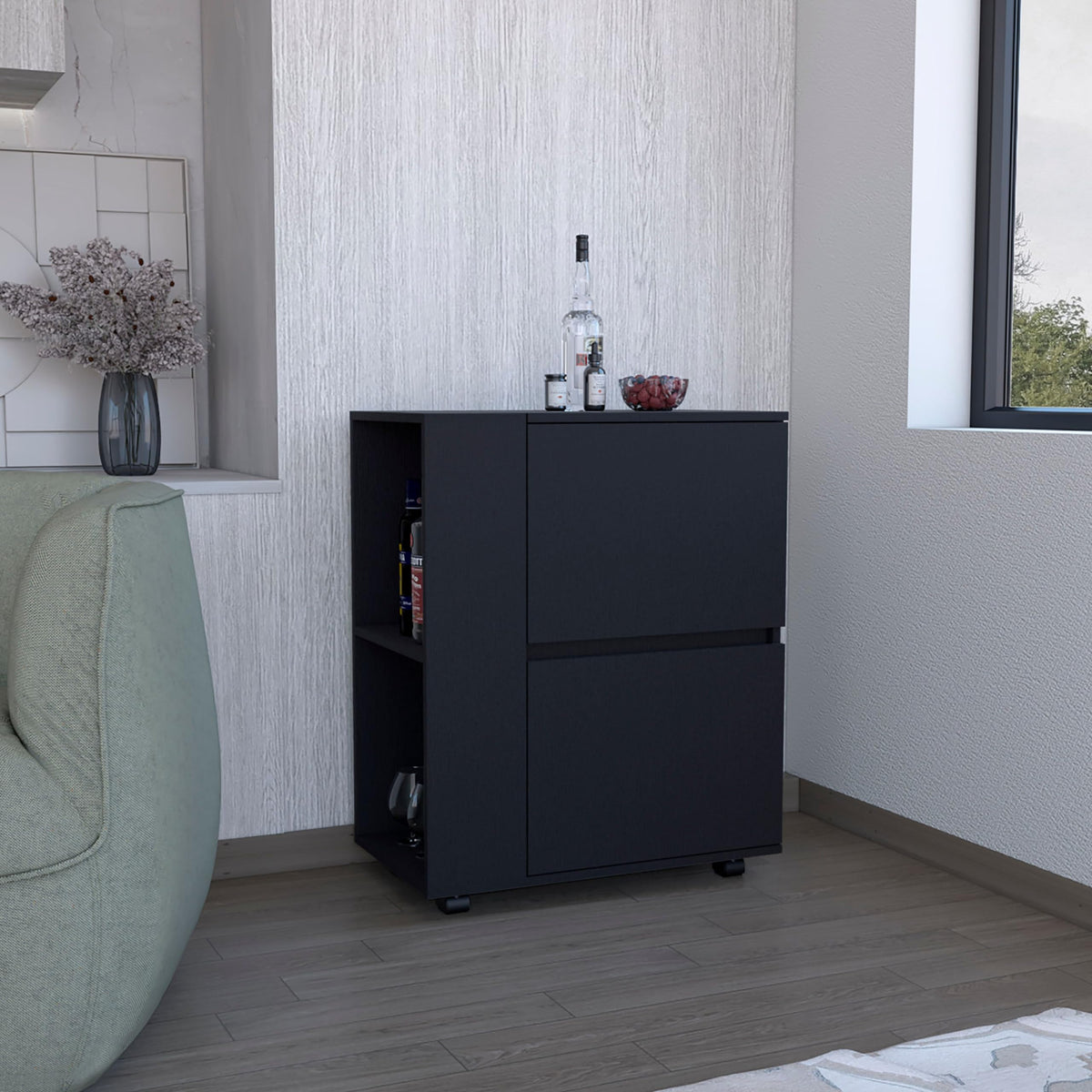Depot E-Shop 32&quot; H Black Bar-Coffee Cart, Kitchen Or Living Room Furniture With 4 Wheels, Folding Surface, 2 Central Drawers Covered By Folding Doors, Storage For Glasses, Snacks.