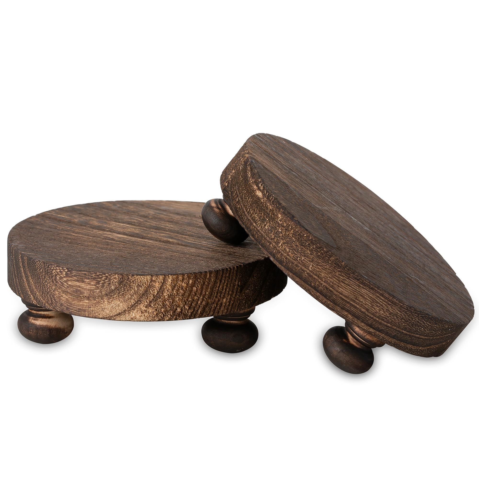 Romadedi Farmhouse Wood Riser for Display- 2 pcs Rustic Decor Mini Wooden Pedestal Decorative Round Tray for Home Table Bathroom