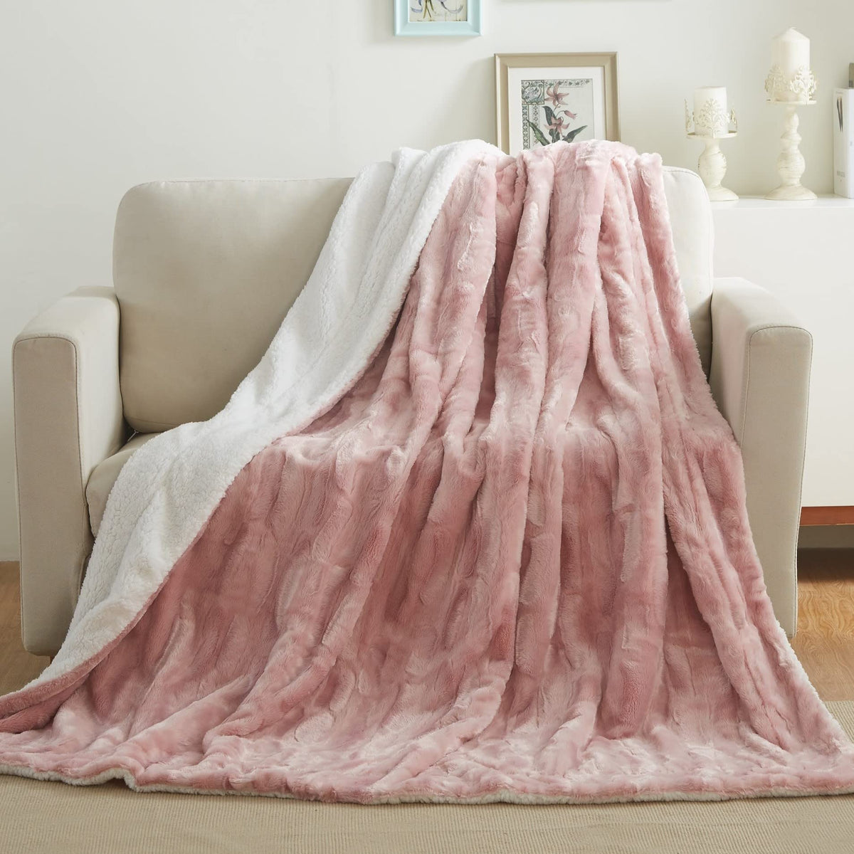 Tache 63X90 Luxury Faux Fur Light Blush Dusty Rose Gold Pink Super Soft Warm Throw Blanket Twin Size
