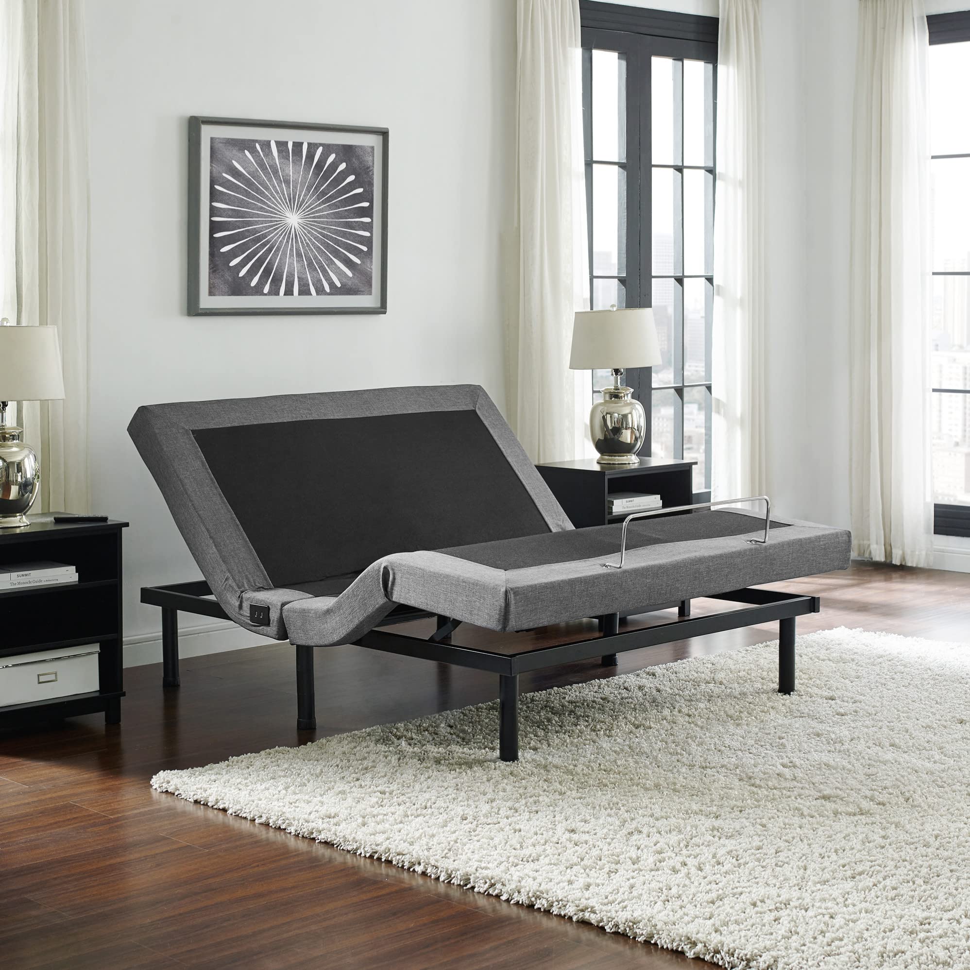 Adjustable Comfort Upholstered Adjustable Bed Base with Massage, Wireless Remote, Three Leg Heights, and USB Ports-Ergonomic, Fu