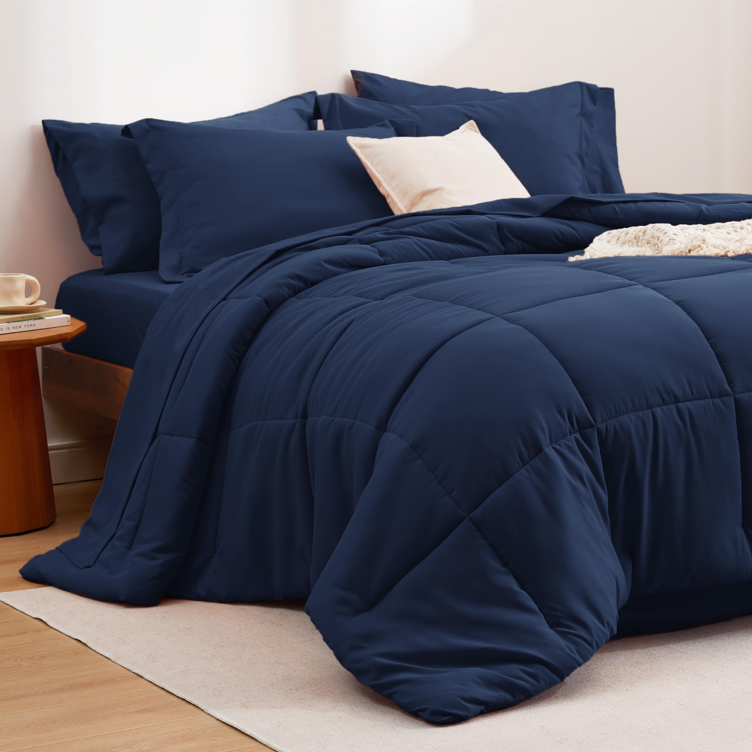 Bedsure Navy Bedding Sets King - 7 Pieces Solid Bed In A Bag, King Bed Set Navy With Comforter, Sheets, Pillowcases & Shams