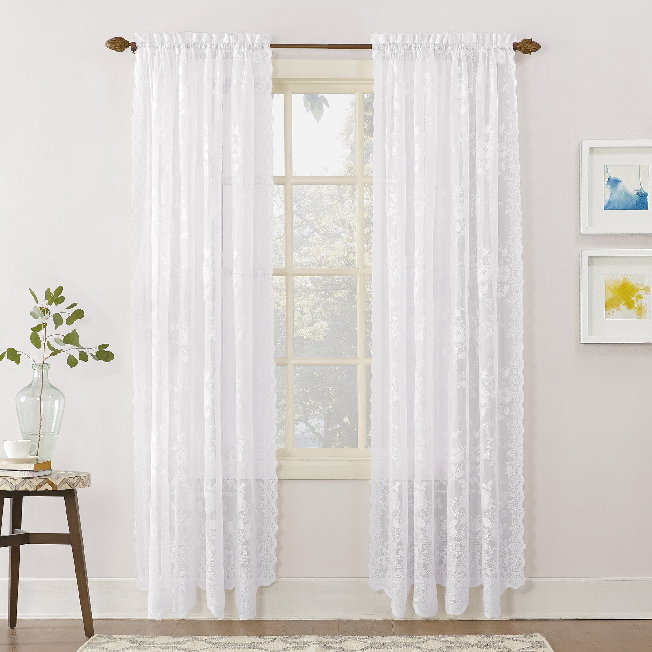 No. 918 Alison Floral Lace Sheer Rod Pocket Curtain Panel, 58' X 72', White