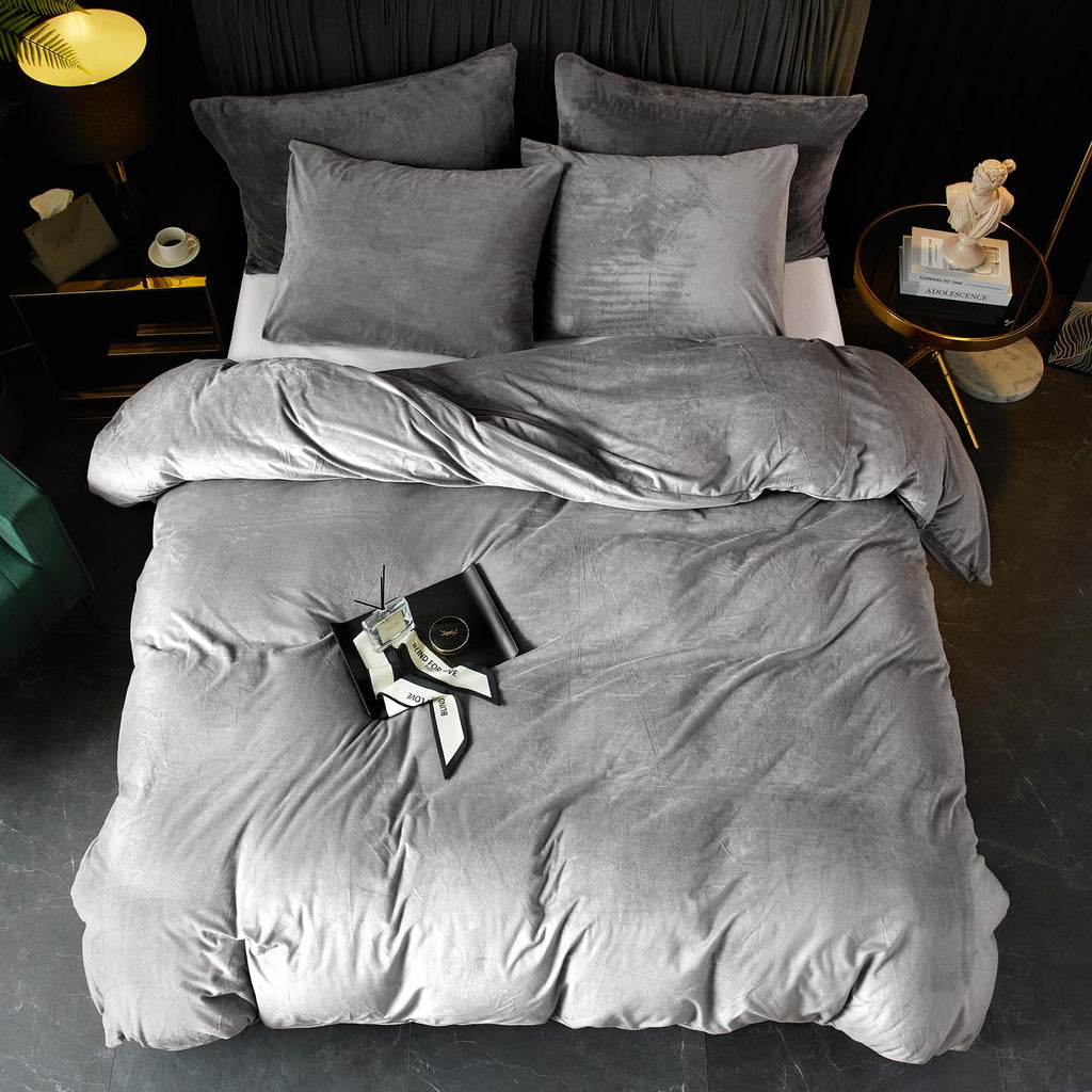 Ivellow Velvet Flannel Duvet Cover King Size Smoky Gray Duvet Cover King Velvet Comforter Cover Set Ultra Soft Breathable Cozy V
