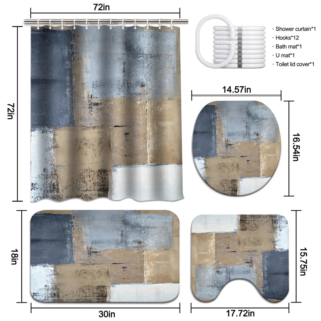 Lnond 4Pcs Bathroom Shower Curtain Sets With Rugs,Brown And Blue Painting Art Bathroom Sets With Shower Curtain And Rugs And Acc