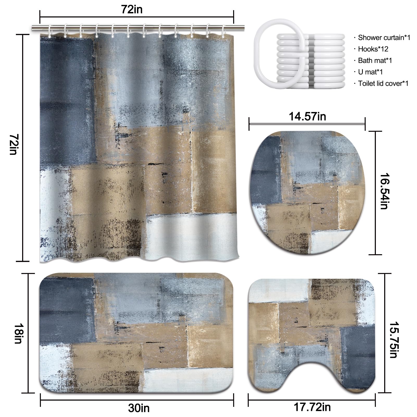 Lnond 4Pcs Bathroom Shower Curtain Sets With Rugs,Brown And Blue Painting Art Bathroom Sets With Shower Curtain And Rugs And Acc