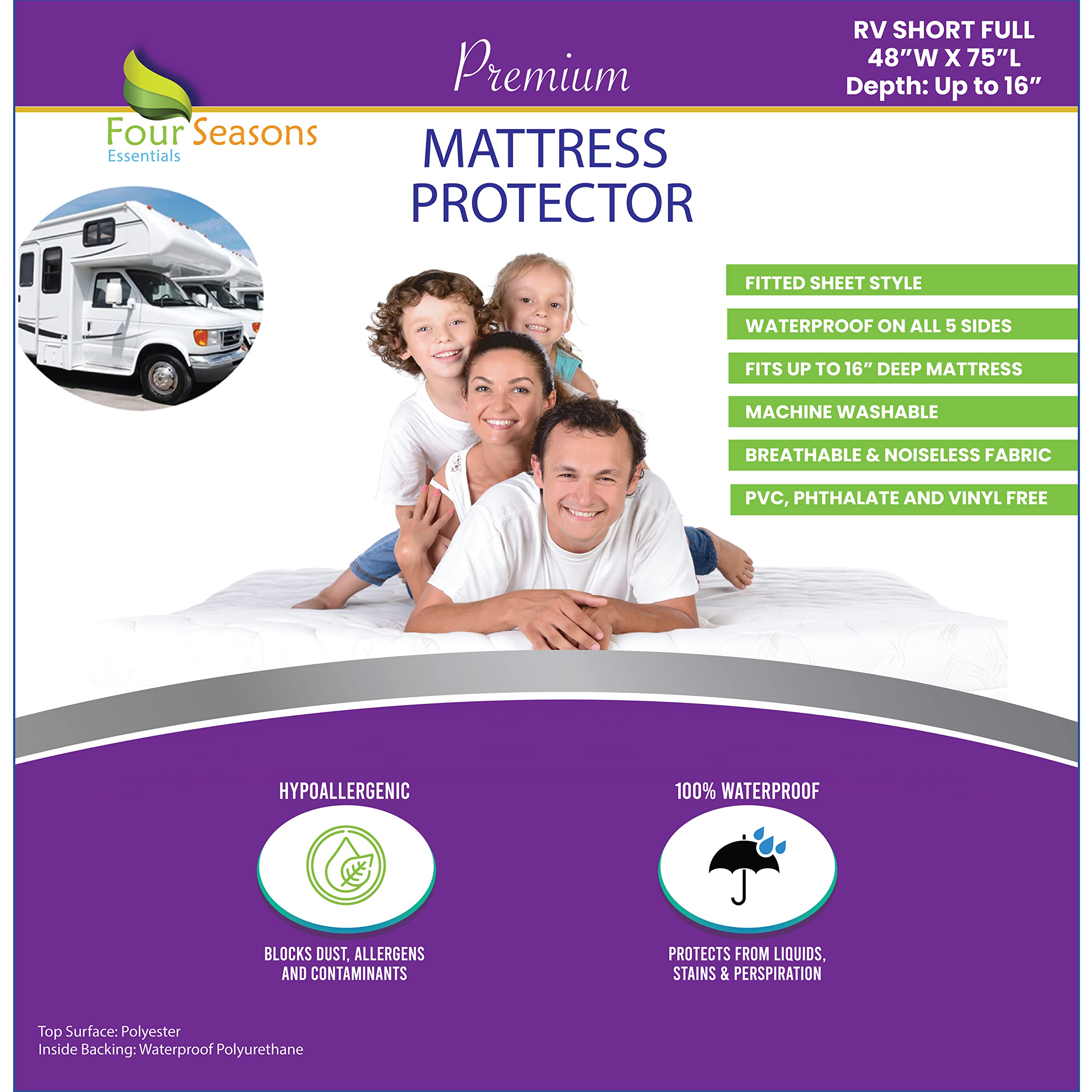 Rv Short Full Waterproof Mattress Protector (48' Wx75 L) - Fitted Sheet Style For Three Quarter 3/4 Full Mattress - Hypoallerge