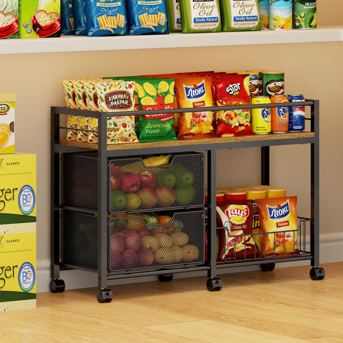 3Tier Rolling Pantry Floor Snack Cart Organizer and Storage with Wheels