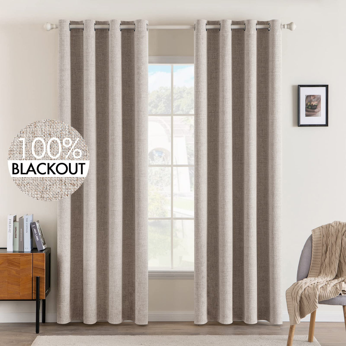 Miulee Blackout Curtains For Bedroom Linen Texture Thermal Insulated Natural Khaki Grommet Room Darkening Curtains & Drapes Luxu