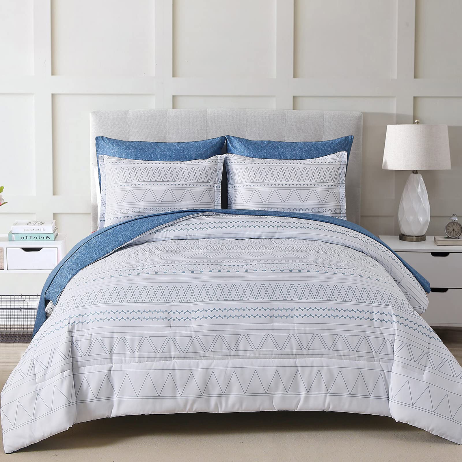 Wongs Bedding Blue Boho Bed In A Bag Queen,7 Pieces Navy Comforter Set Queen Geometric Comforter Reversible Soft Microfiber Bedd