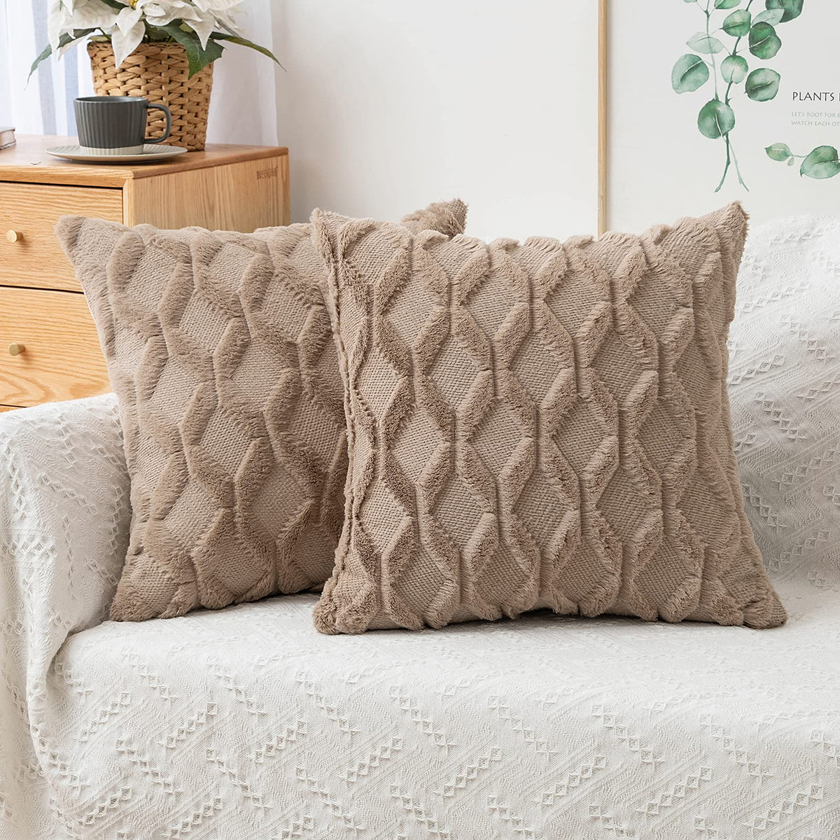 Miulee Light Brown Throw Pillow Covers 18X18 Set Of 2 Decorative Farmhouse Couch Throw Pillows Boho Shells Cute Soft Plush Wool