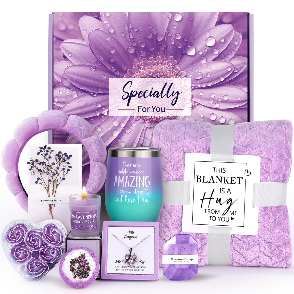 Purple Gifts for Women,Mum,Wife,Girlfriend, Friend,Sister,Cozy Blanket Gifts Baskets,Relaxing Spa Gifts,Birthday,Get Well,Self C