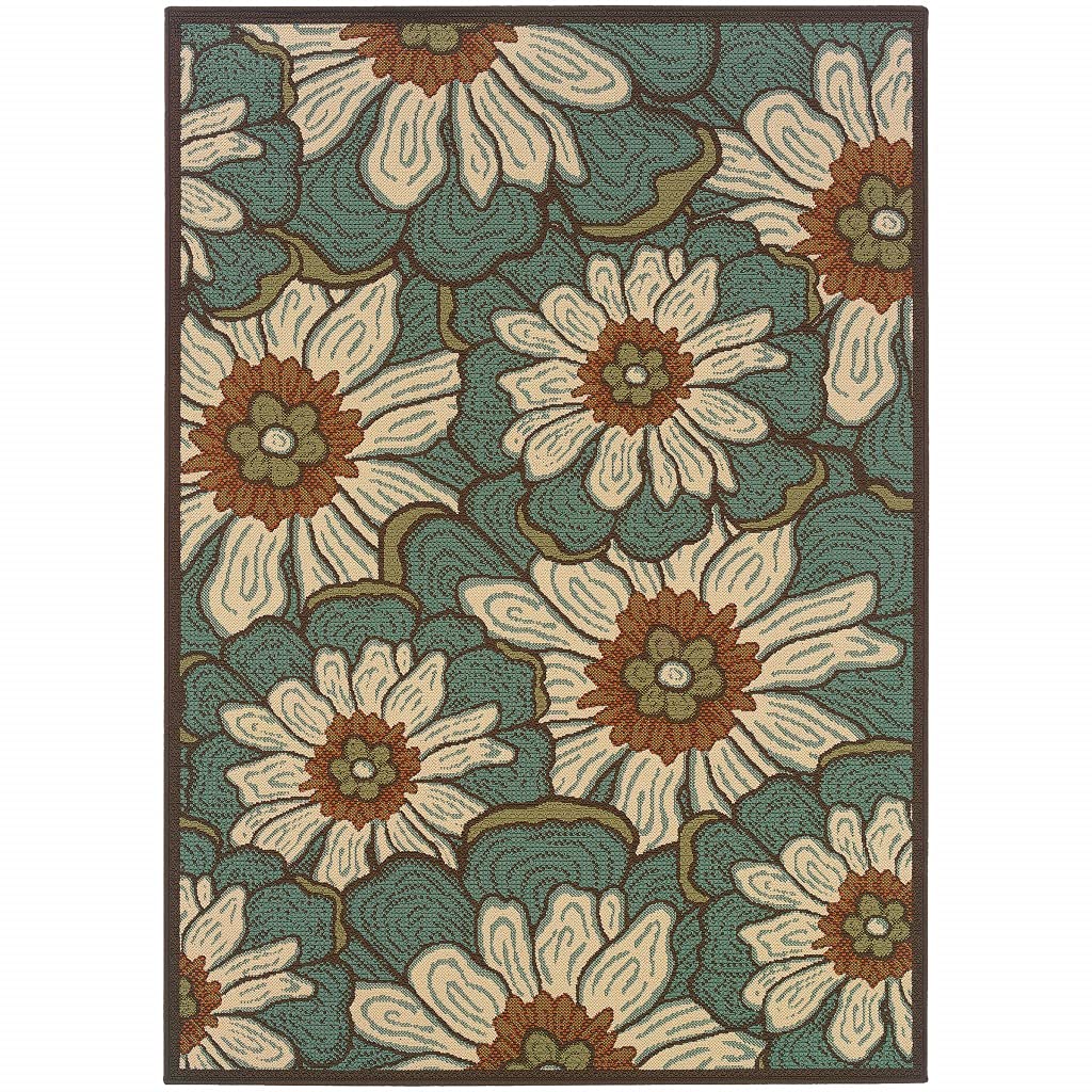 HomeRoots Polypropylene 4’x6’ Blue and Brown Floral Indoor Outdoor Area Rug