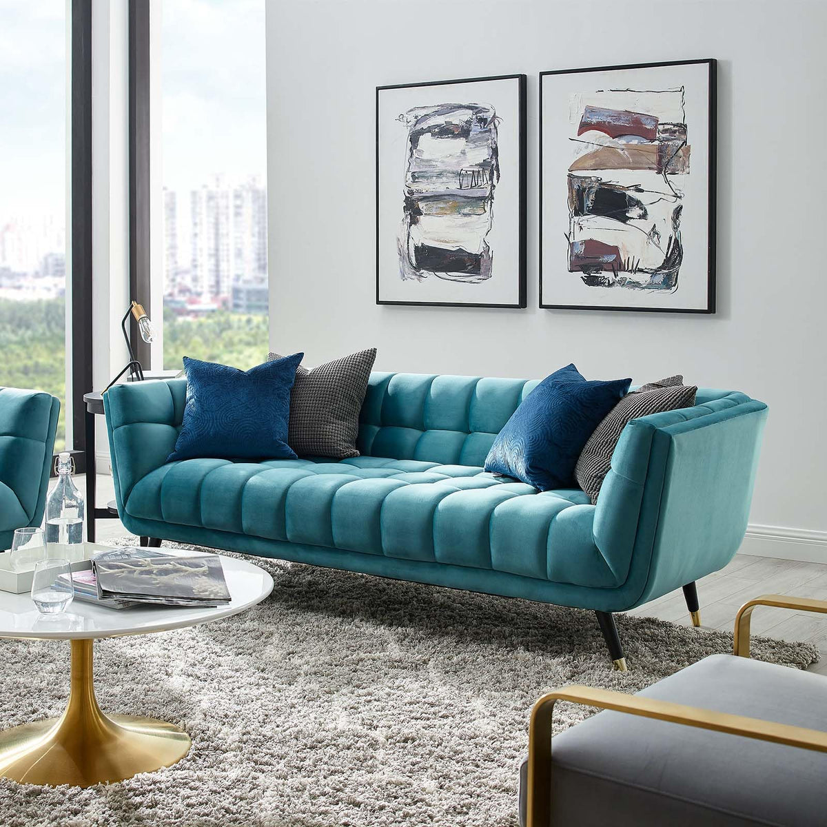 Modway Adept Contemporary Mid-Century Modern Performance Velvet Upholstered Tufted Sofa In Sea Blue