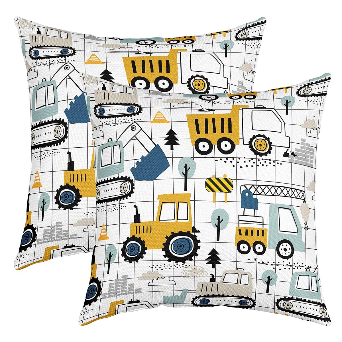 Construction Throw Pillow Covers 18'X18' Set Of 2 Kids Excavator Tractor Toddler Throw Pillowcases Equipment Trucks Plaid Grid
