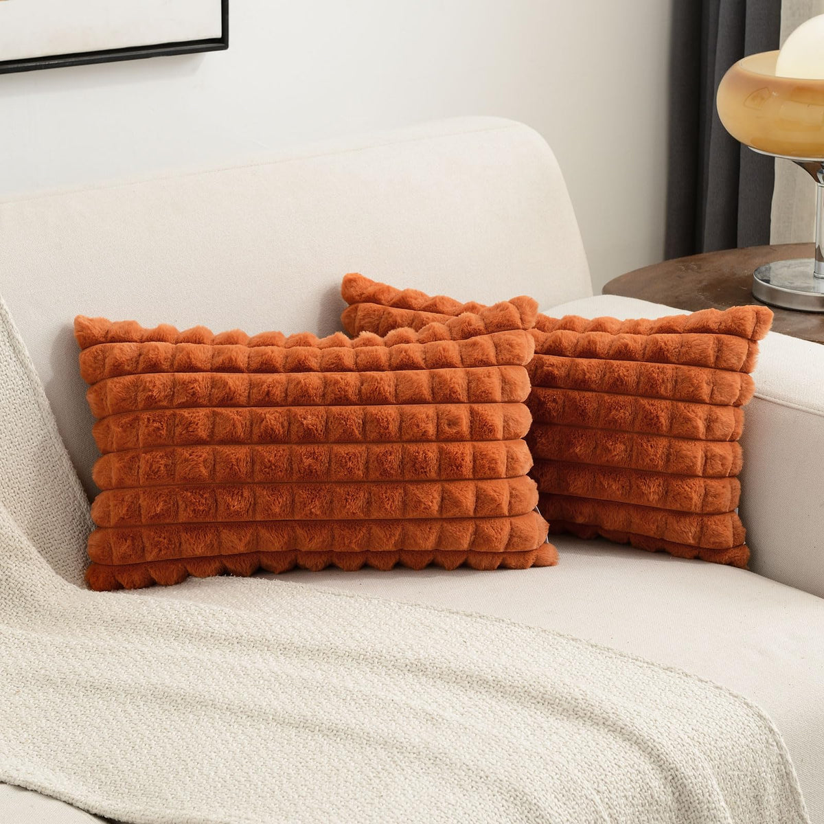 Futei Burnt Orange Decorative Throw Pillow Covers 12X20 Inch Set Of 2, Rectangle Lumbar Pillowcase,Fluffy Faux Rabbit Fur Plaid