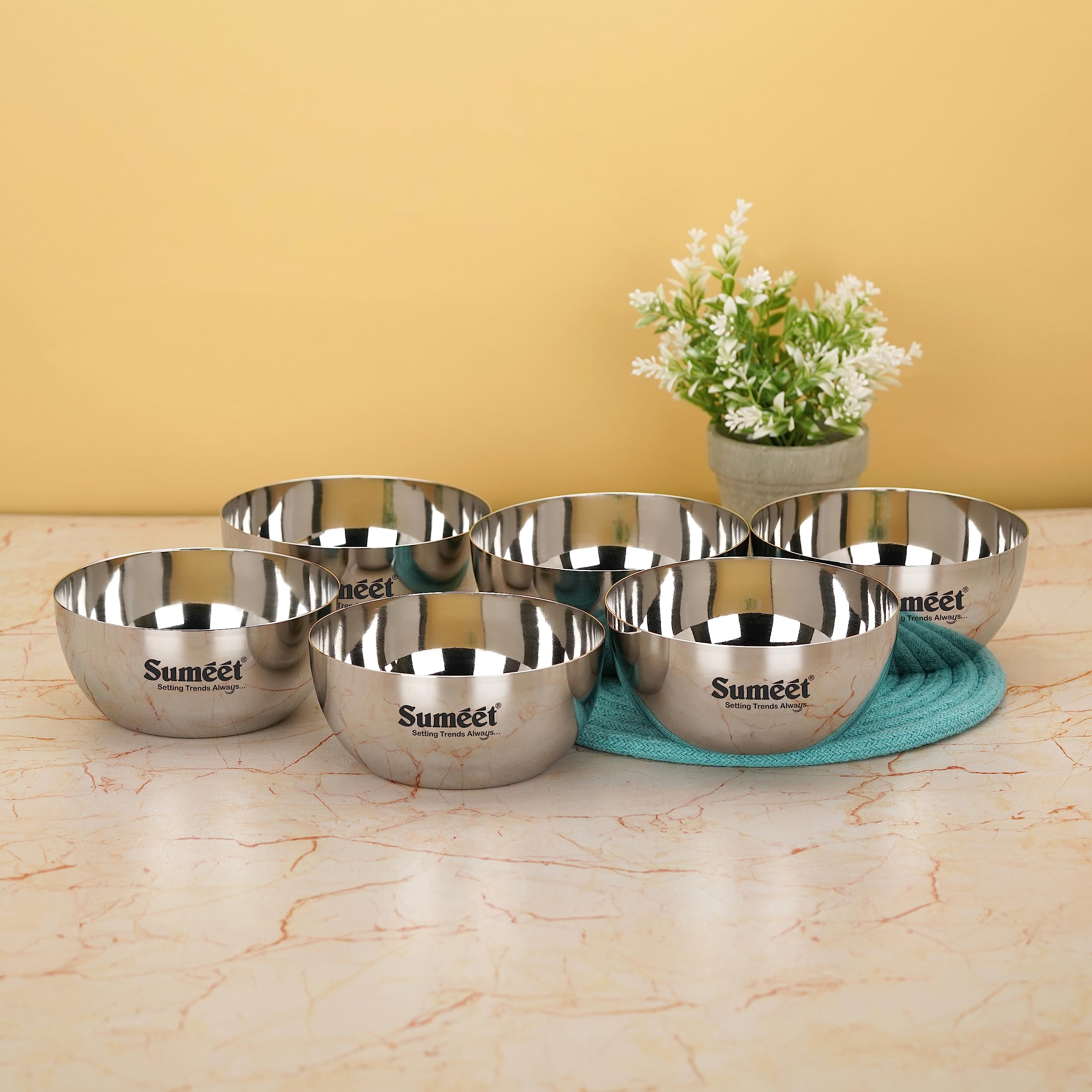 Sumeet Heavy Gauge Stainless Steel Big Size Apple Bowl/Wati/Katori with Mirror Finish  12.2cm Dia, set of 6pc, 550ML Each, Silve
