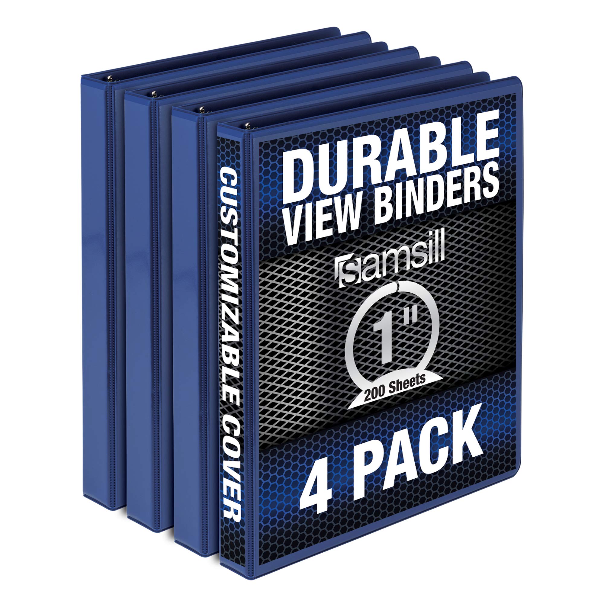 Samsill Durable 1 Inch Binder, Made In The Usa, Round Ring Customizable Clear View Binder, Blue, 4 Pack (Mp48432)