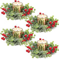 Christmas Candle Ring, 4 Pcs Gold Votive Candles with Red Berry Xmas Candle Ring Wreath for Christmas Table Centerpiece Decorati