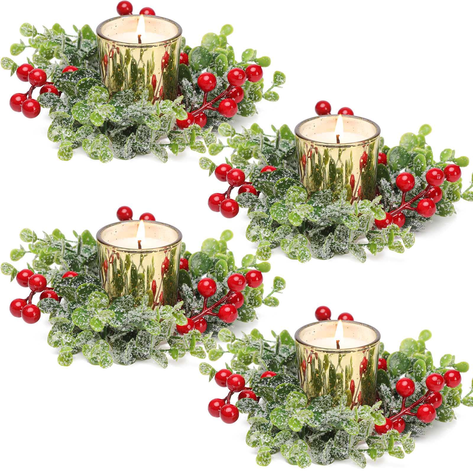 Christmas Candle Ring, 4 Pcs Gold Votive Candles with Red Berry Xmas Candle Ring Wreath for Christmas Table Centerpiece Decorati