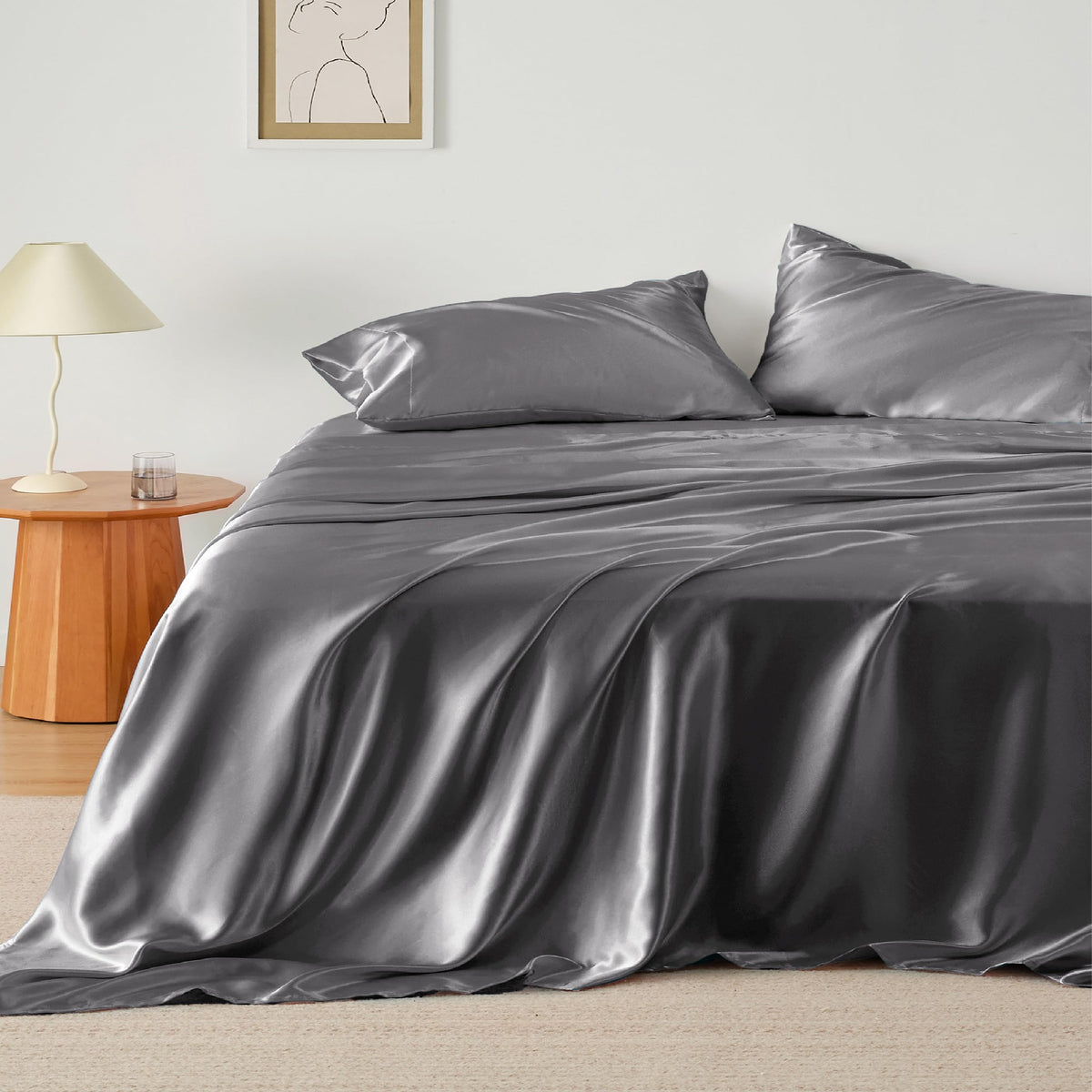 Bedsure Satin Sheets Queen Size - Similar To Silk Sheets, Silky Bedsheet, Luxury & Ultra Soft, Non-Fading & Wrinkle Free, Good For Hair & Skin, Gifts For Women, 4 Pieces, Dark Grey