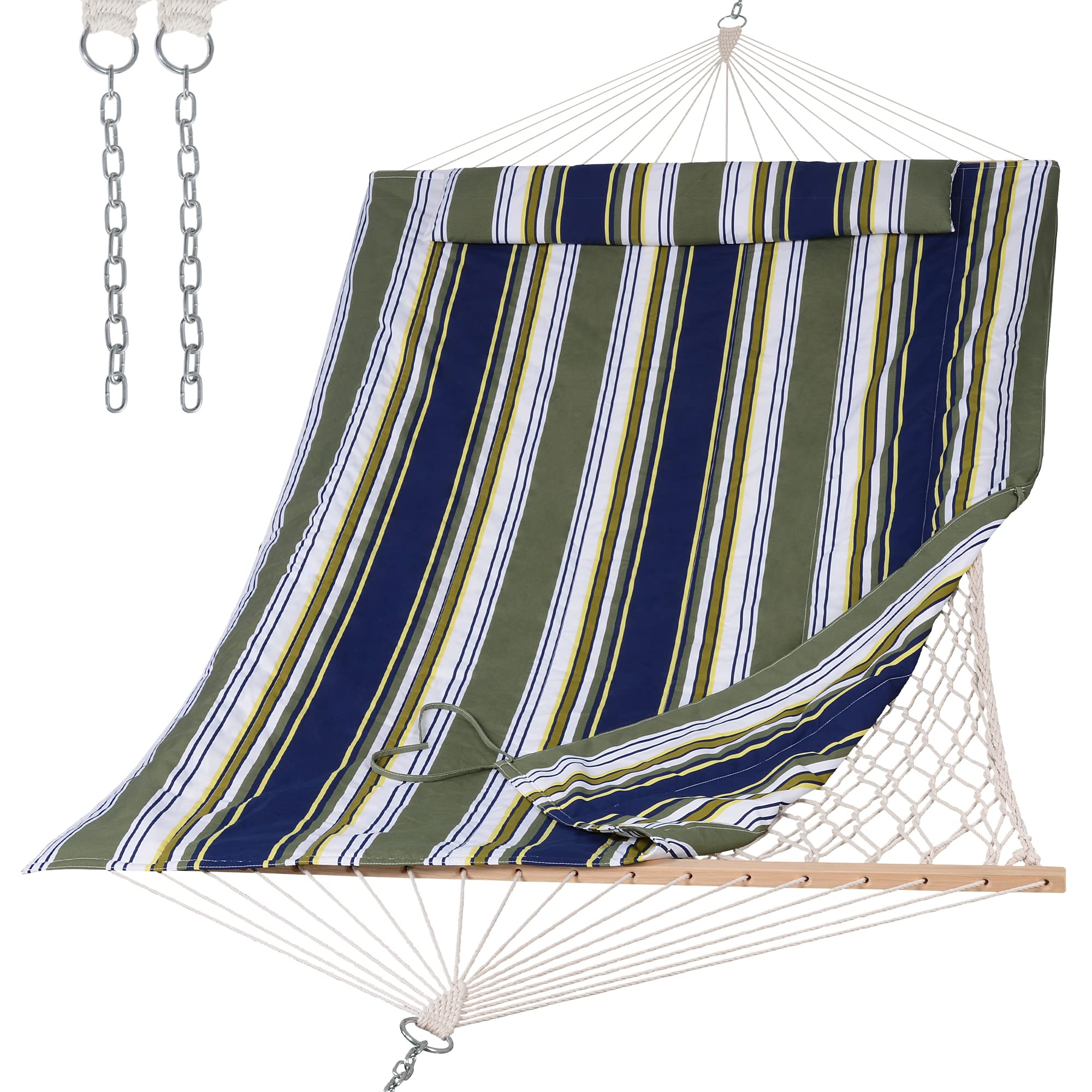 Suncreat Hammocks Outdoor Double Hammock With Hardwood Spreader Bar, Cotton Rope Hammock With Polyester Pad, Blue&Aqua