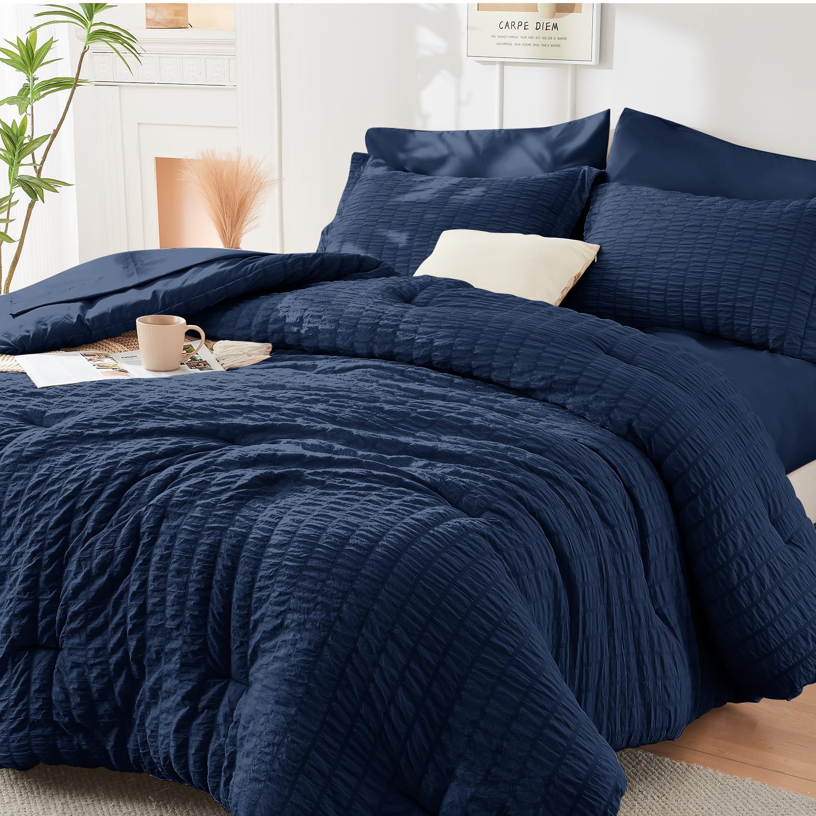 Hymokege Navy Blue Queen Comforter Set Seersucker 7 Pieces, All Season Luxury Bed In A Bag For Bedroom, Bedding Set With Comfort