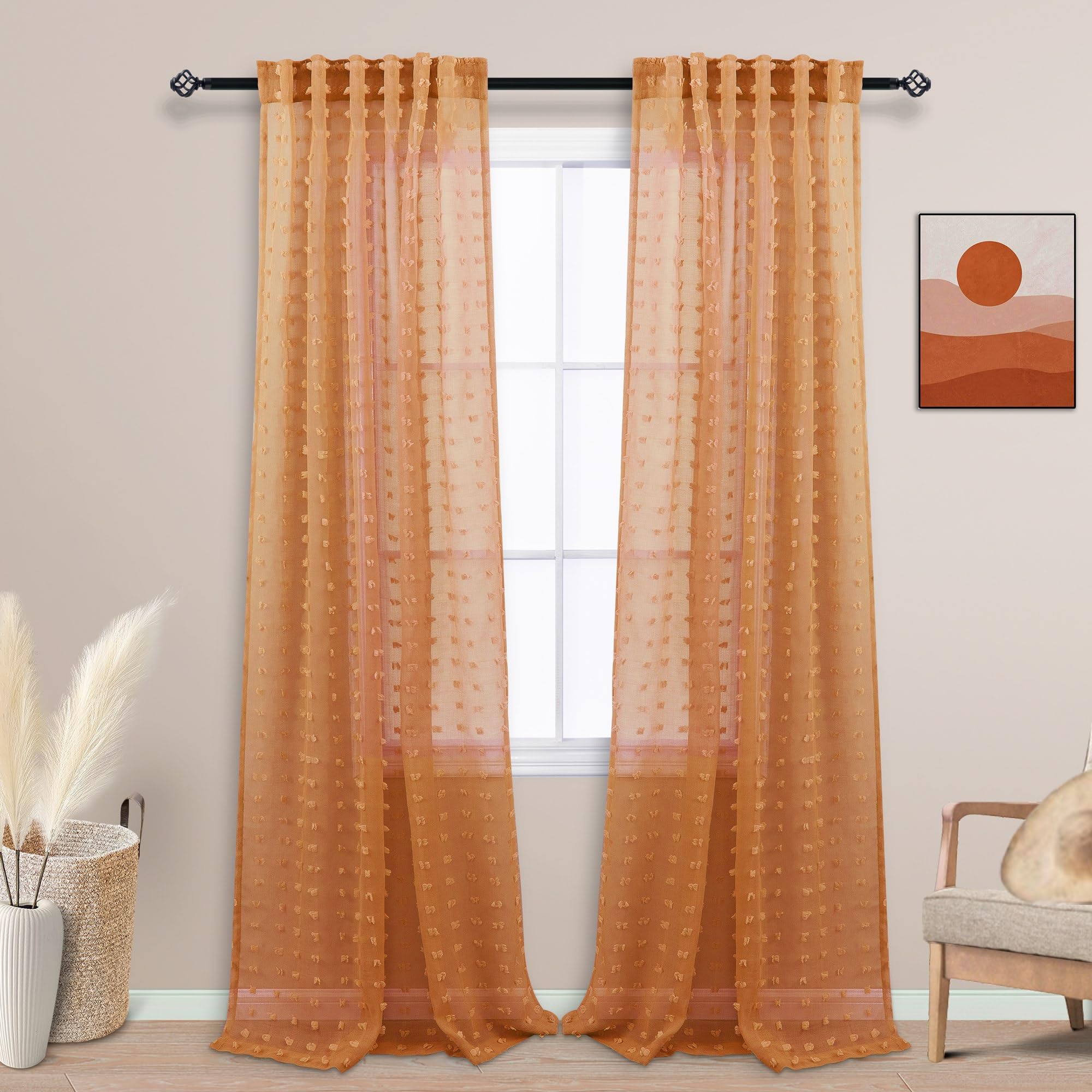Koufall Burnt Orange Back Tab Rod Pocket Pom Pom Sheer Curtains,8 Ft 52X96 Length