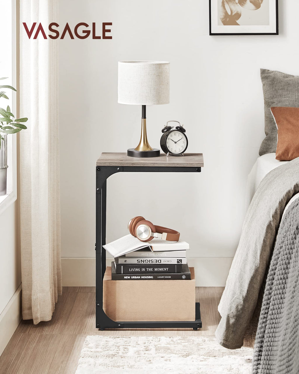 Vasagle C-Shaped End Table, Small Side Table For Couch, Sofa Table With Metal Frame For Living Room, Bedroom, Bedside, Greige And Black