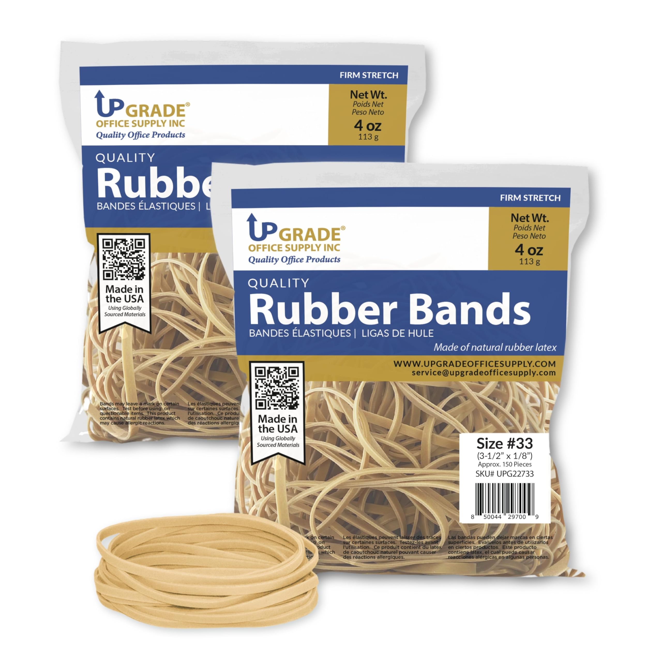 Upgrade Office Supply Upg22733Pk2 Rubber Bands, Size #33 (3-1/2' X 1/8'), 4 Oz. Bags (2 Pack) Bag, Natural Crepe, Made In Usa