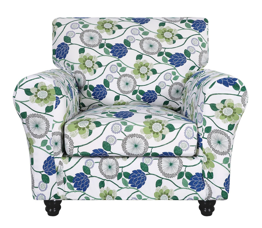 Searchi Stretch Sofa Cover Printed Couch Covers, Floral Pattern 2 Piece Armchair Slipcover With Separate Chair Cushion Cover, Washable Furniture Protector For Living Room(Armchair, Green Flowers)