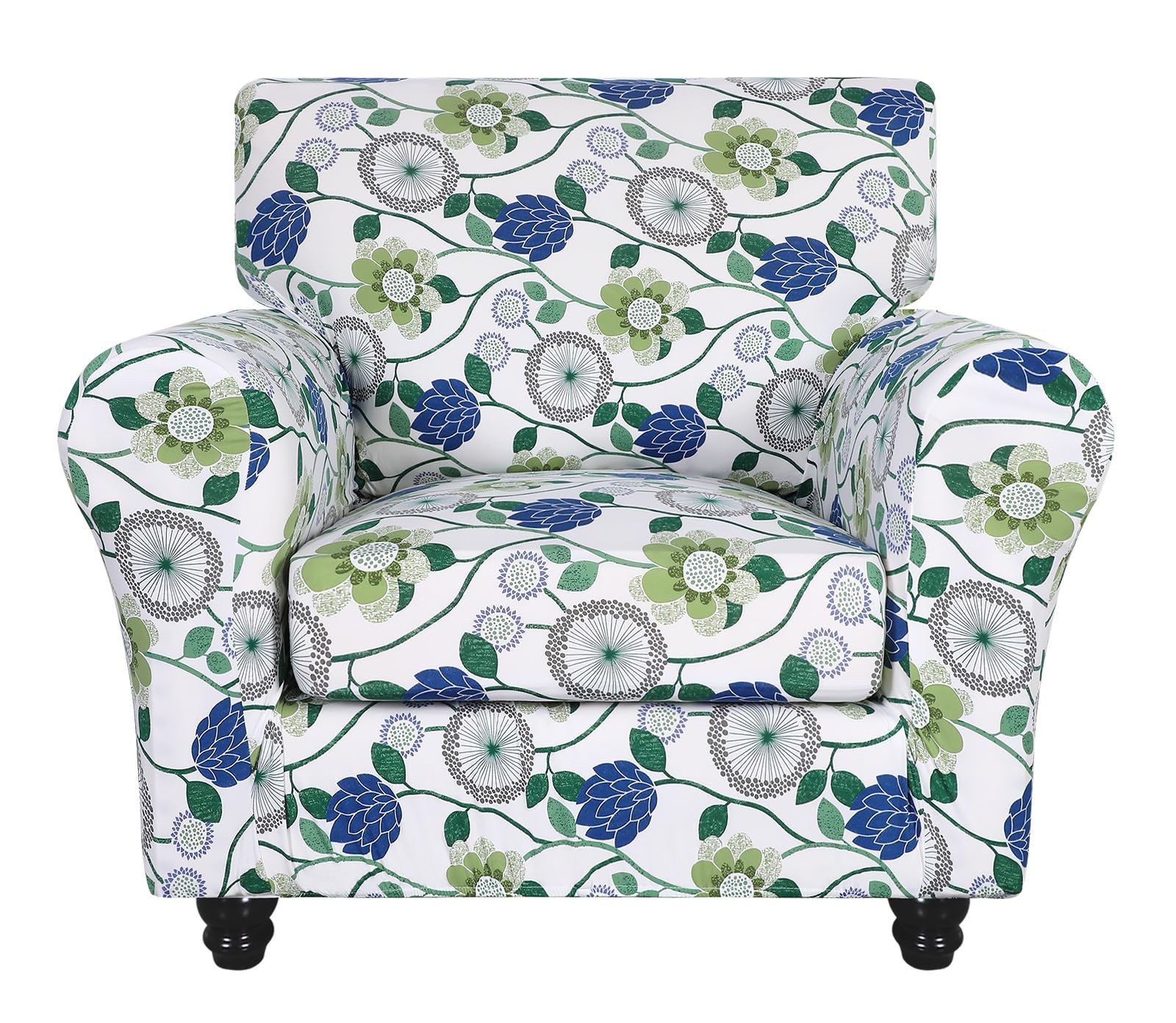 Searchi Stretch Sofa Cover Printed Couch Covers, Floral Pattern 2 Piece Armchair Slipcover With Separate Chair Cushion Cover, Washable Furniture Protector For Living Room(Armchair, Green Flowers)