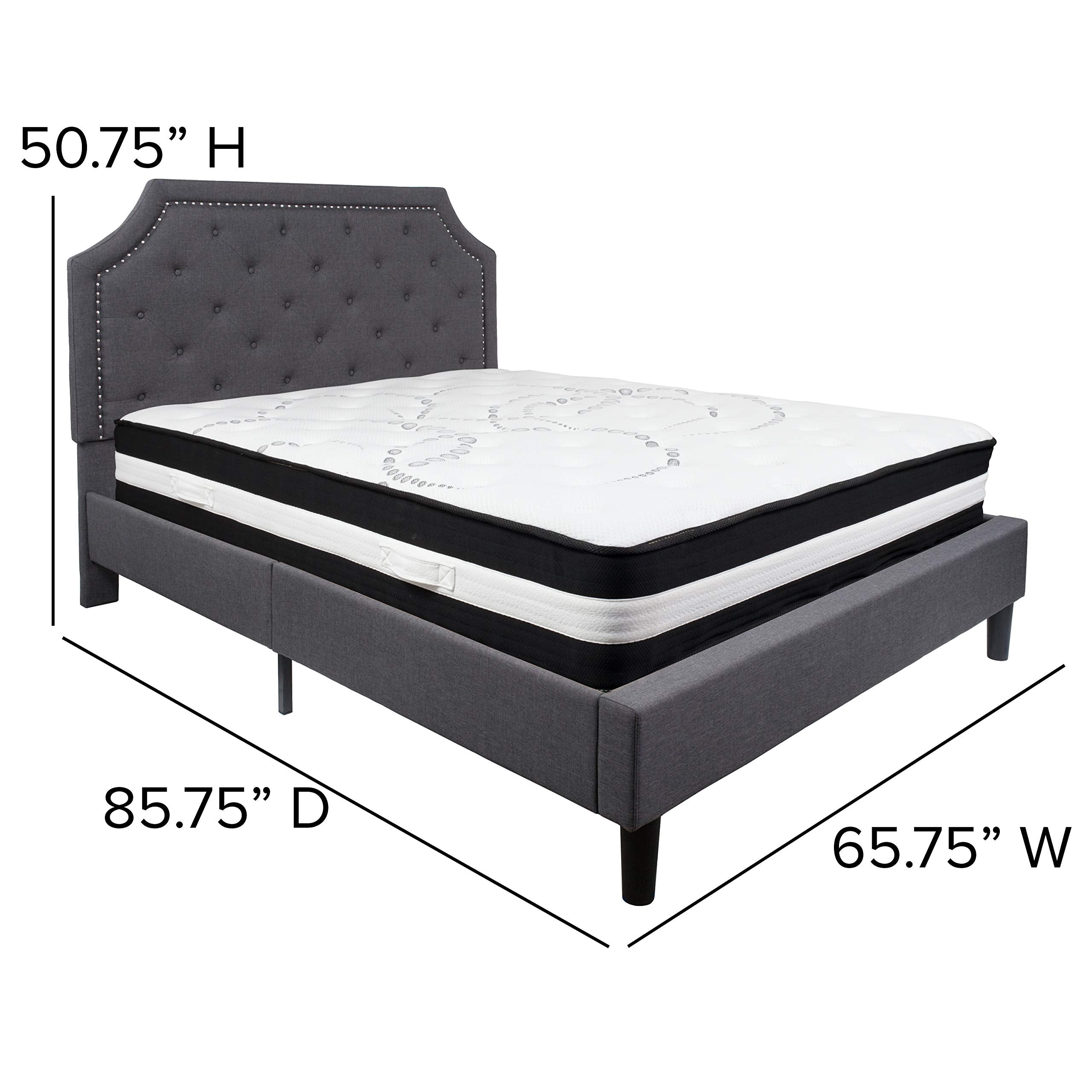 Flash Furniture Brighton Queen Size Tufted Upholstered Platform Bed In Dark Gray Fabric With Pocket Spring Mattress