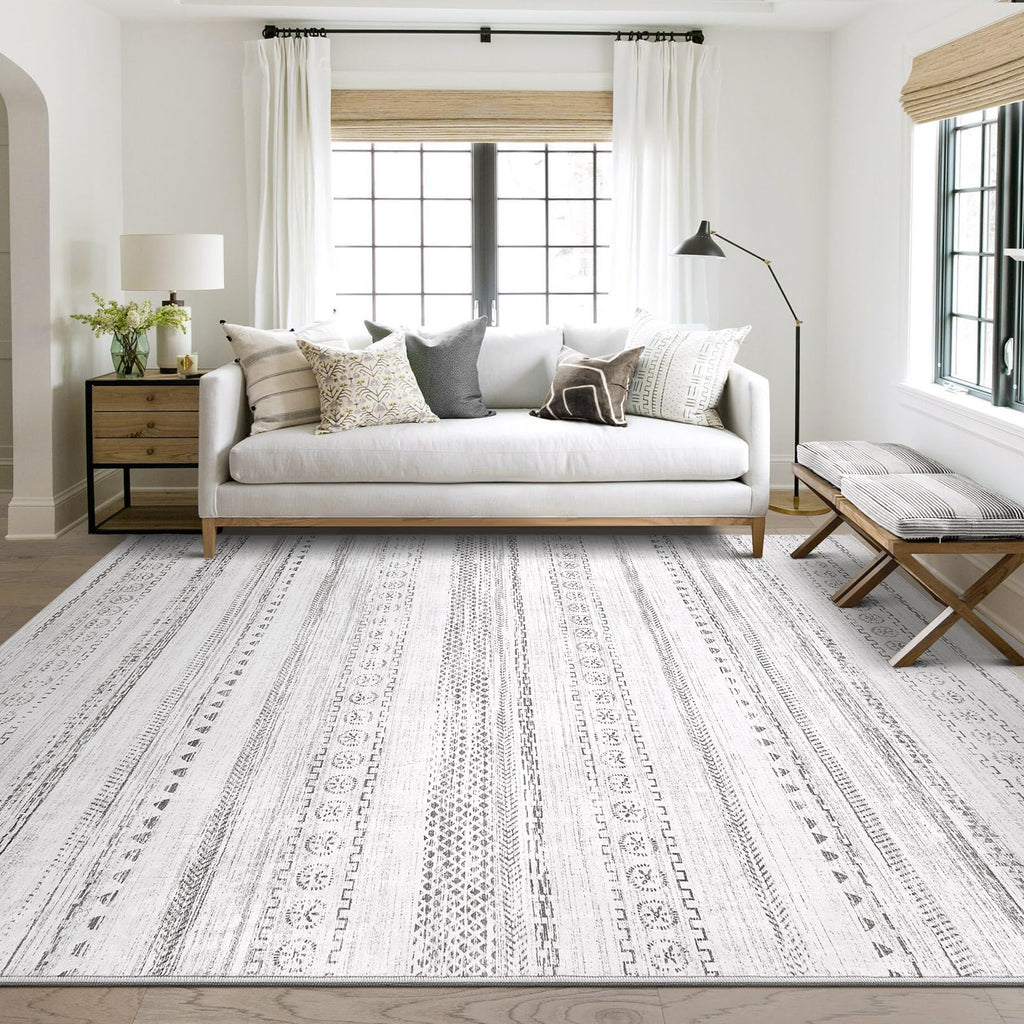 Area Rug Living Room Rugs - 8X10 Washable Boho Farmhouse Bohemian Neutral Large Rug Moroccan Geometric Soft No Slip Indoor Thin