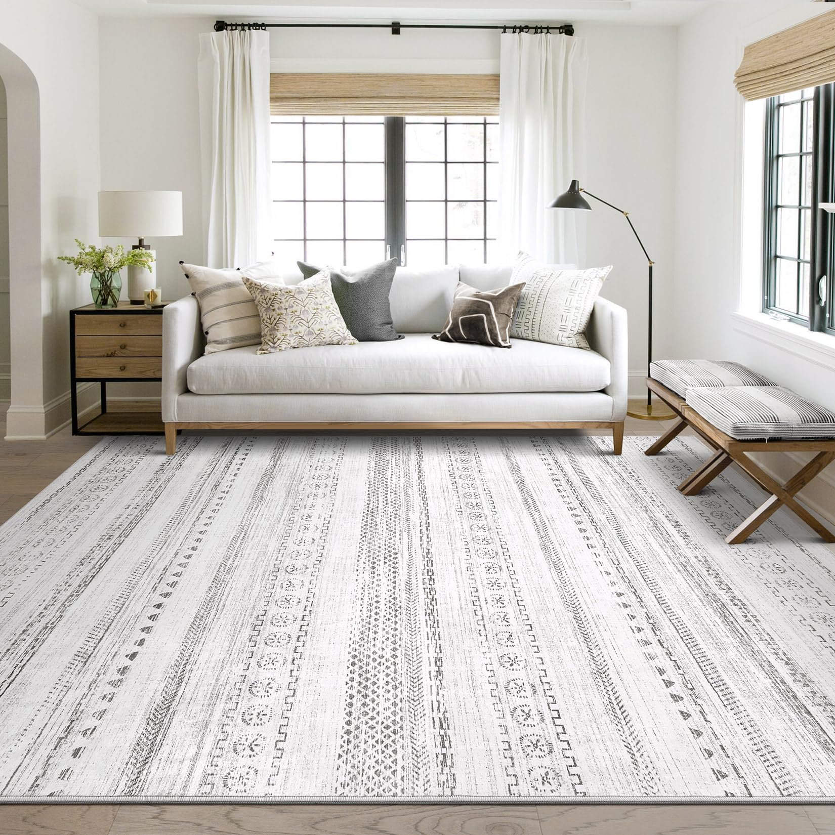 Area Rug Living Room Rugs - 8X10 Washable Boho Farmhouse Bohemian Neutral Large Rug Moroccan Geometric Soft No Slip Indoor Thin