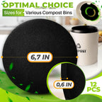 Reluen 12 Pcs Charcoal Filters for Compost Bucket - Activated Charcoal, Flexible Design, Strong Odor Absorption, 6.7 x 0.6 Inches, Black