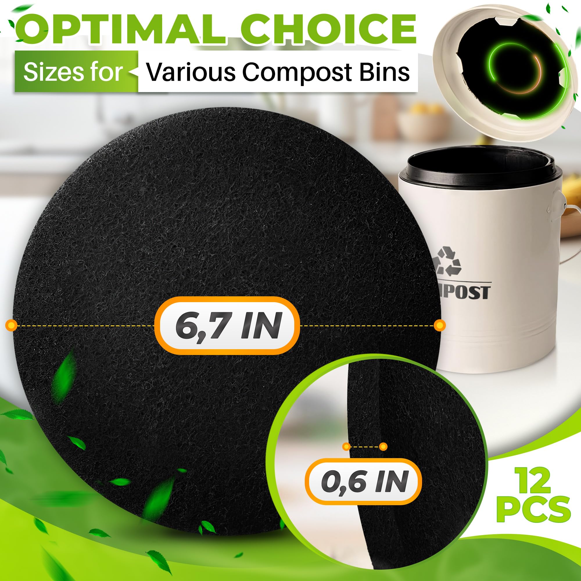 Reluen 12 Pcs Charcoal Filters for Compost Bucket - Activated Charcoal, Flexible Design, Strong Odor Absorption, 6.7 x 0.6 Inches, Black