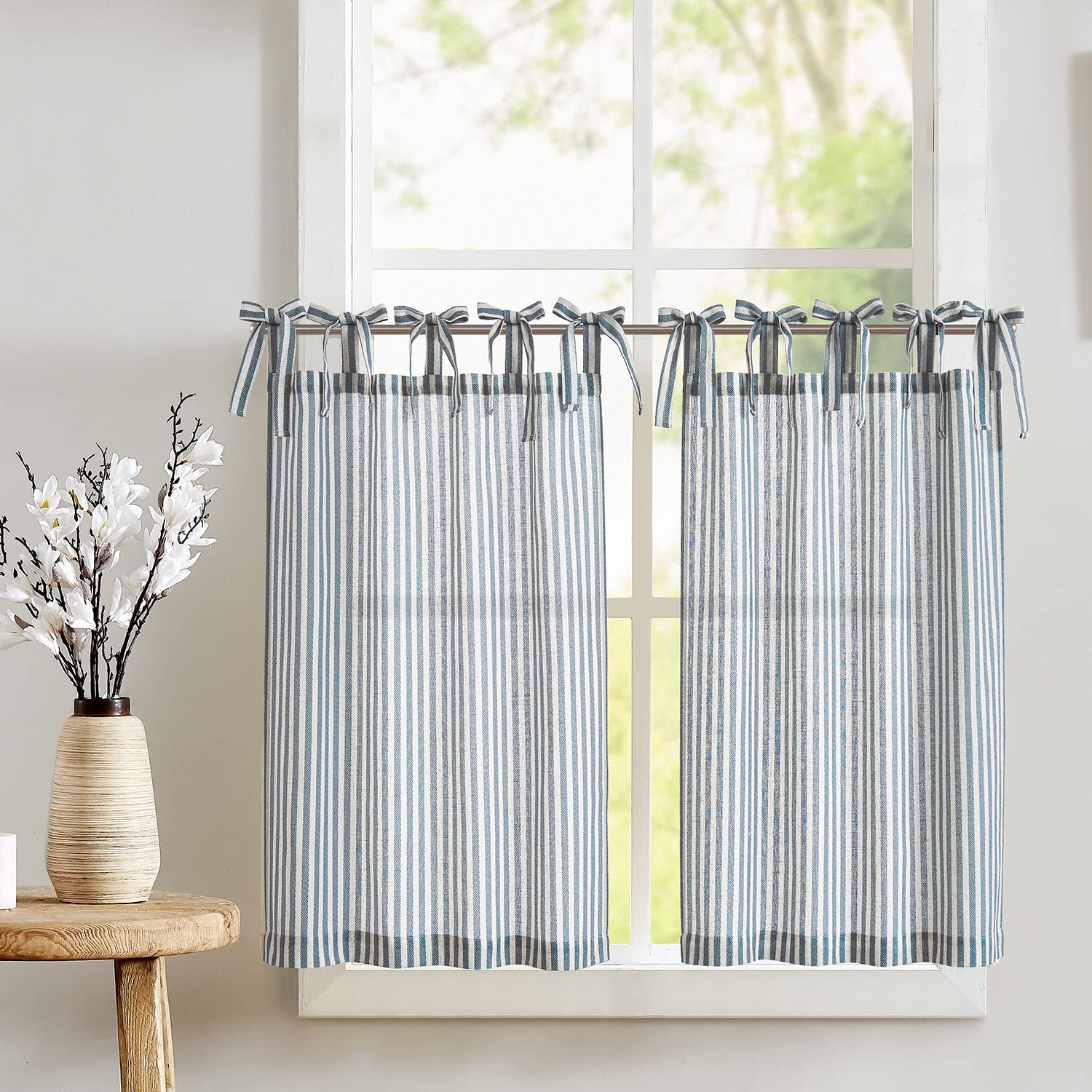 Jinchan Kitchen Curtains 36 Inch Length Striped Tie Top Linen Tier Curtains Short Curtains For Living Room Bedroom Bathroom Farmhouse Light Filtering Rod Pocket Cafe Curtains 2 Panels Blue On Beige