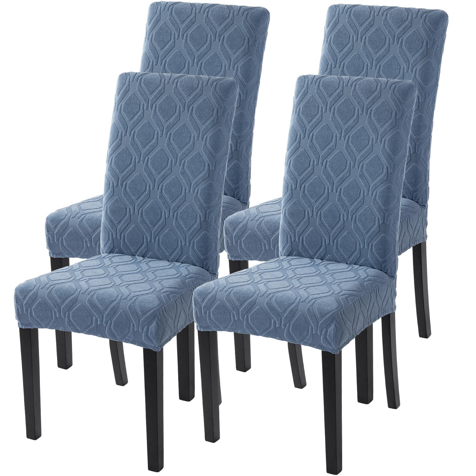 Searchi Dining Room Chair Covers Set Of 4, Stretch Jacquard Parsons Chair Slipcovers Spandex Removable Washable Kitchen Chair Protector Cover For Dining Room, Hotel, Ceremony (Gray-Blue Geometric)